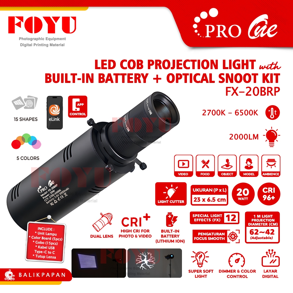 Jual LED COB Pro One FX-20BRP Projection Light Battery Baterai Optical ...