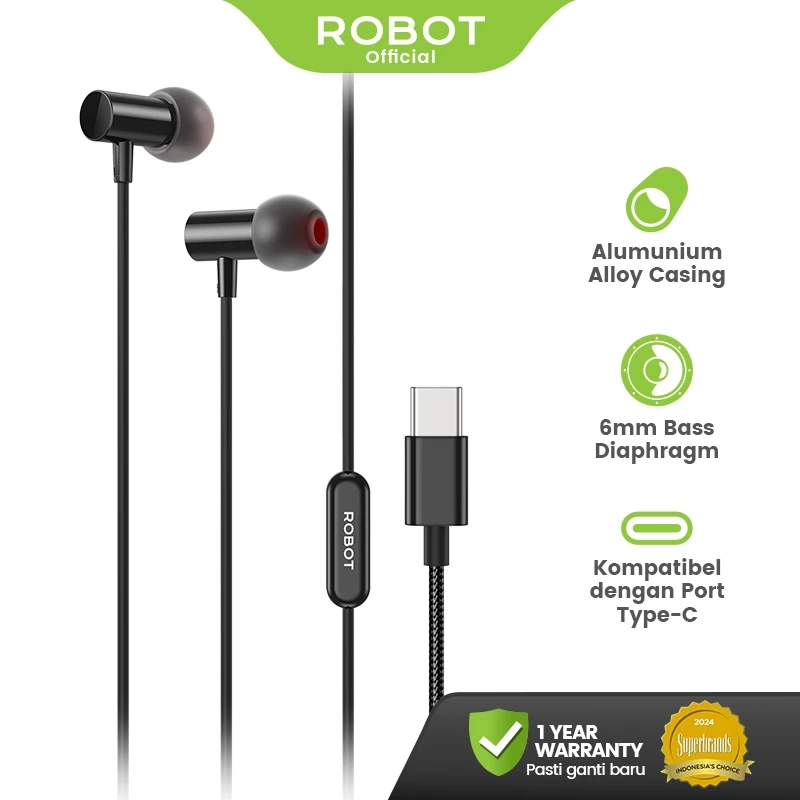 ROBOT Earphone Mini In-Ear Metal Allumunium Alloy Casing Ultra Bass 6mm dengan Kabel Type C Wired Headset Kabel TPE REC 80