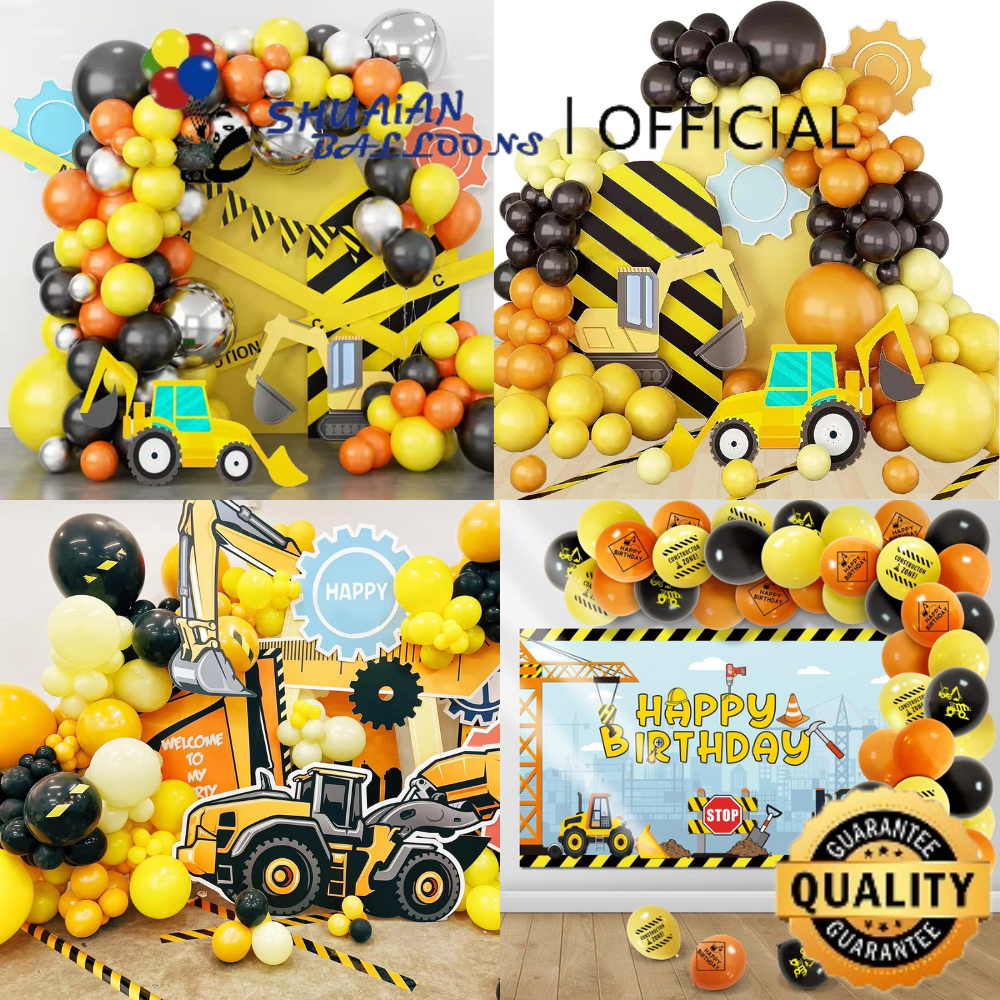 SHUAIAN Balon Paket Ulang Tahun Tema Konstruksi Kit Lengkungan Balon Balon Kuning Hitam Oranye Kuning untuk Perlengkapan Dekorasi Pesta Ulang Tahun