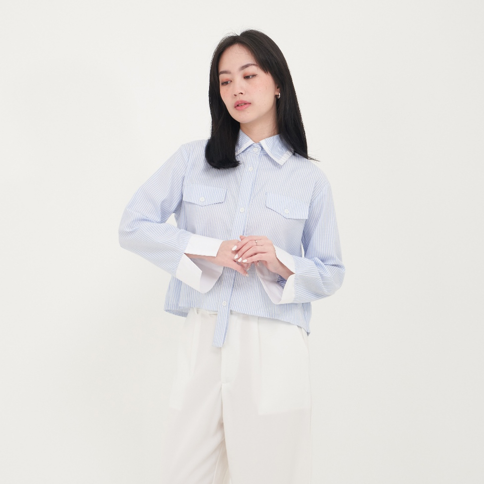 Jual QUEENTIN Kemeja Wanita Crop 0679 Katun Polymicro Motif Salur ...