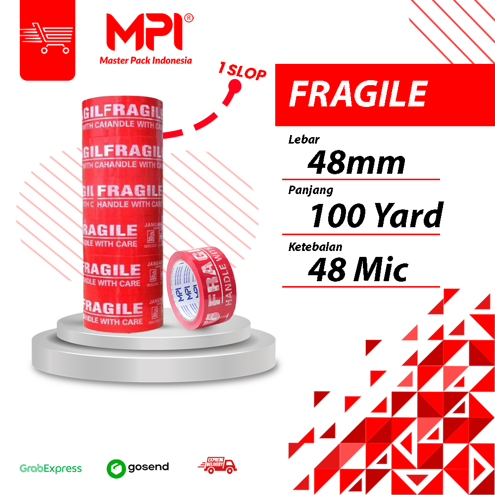 Jual 1 SLOP [ 6 PCS ] LAKBAN FRAGILE MERAH MPI JANGAN DIBANTING 48MM X ...