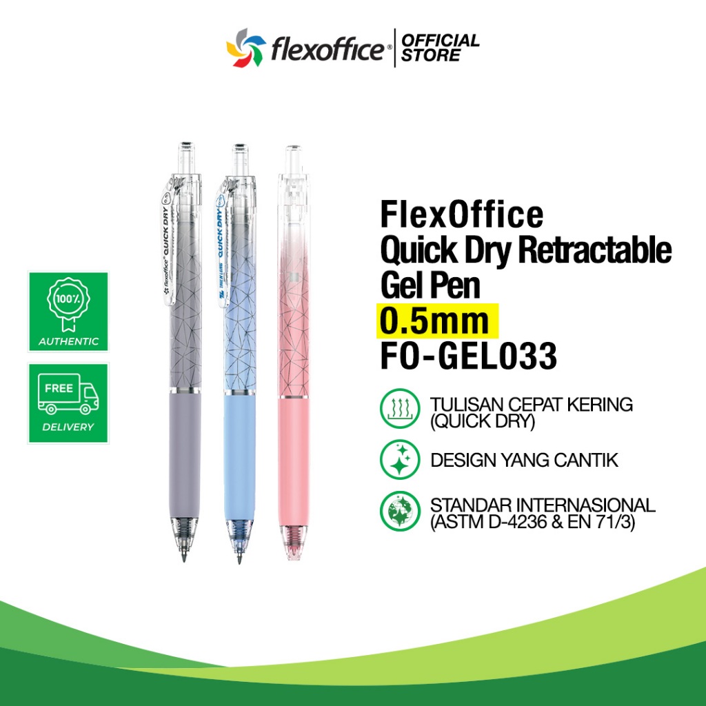 Jual FLEXOFFICE QUICK DRY RETRACTABLE GEL PEN FO-GEL033 0.5mm cantik ...