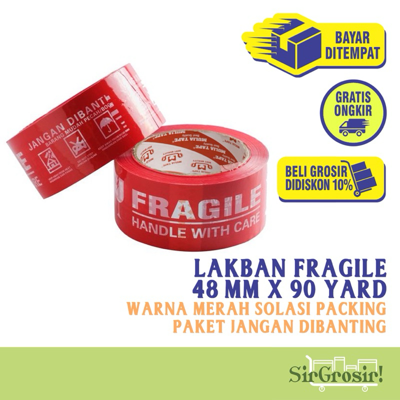 Jual FRAGILE TAPE - Lakban Merah Fragile 90 yard Solasi Packing 48 mm ...