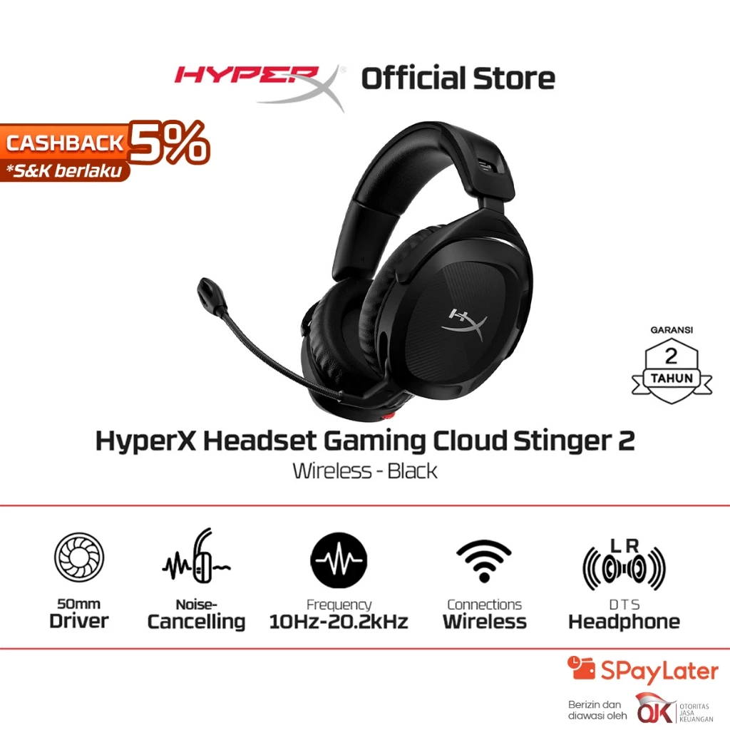 HyperX Headset Gaming Cloud Stinger 2 Wireless - Black Noise Cancelling Spatial Audio Rotatable Leather Stereo Bass Android iOS
