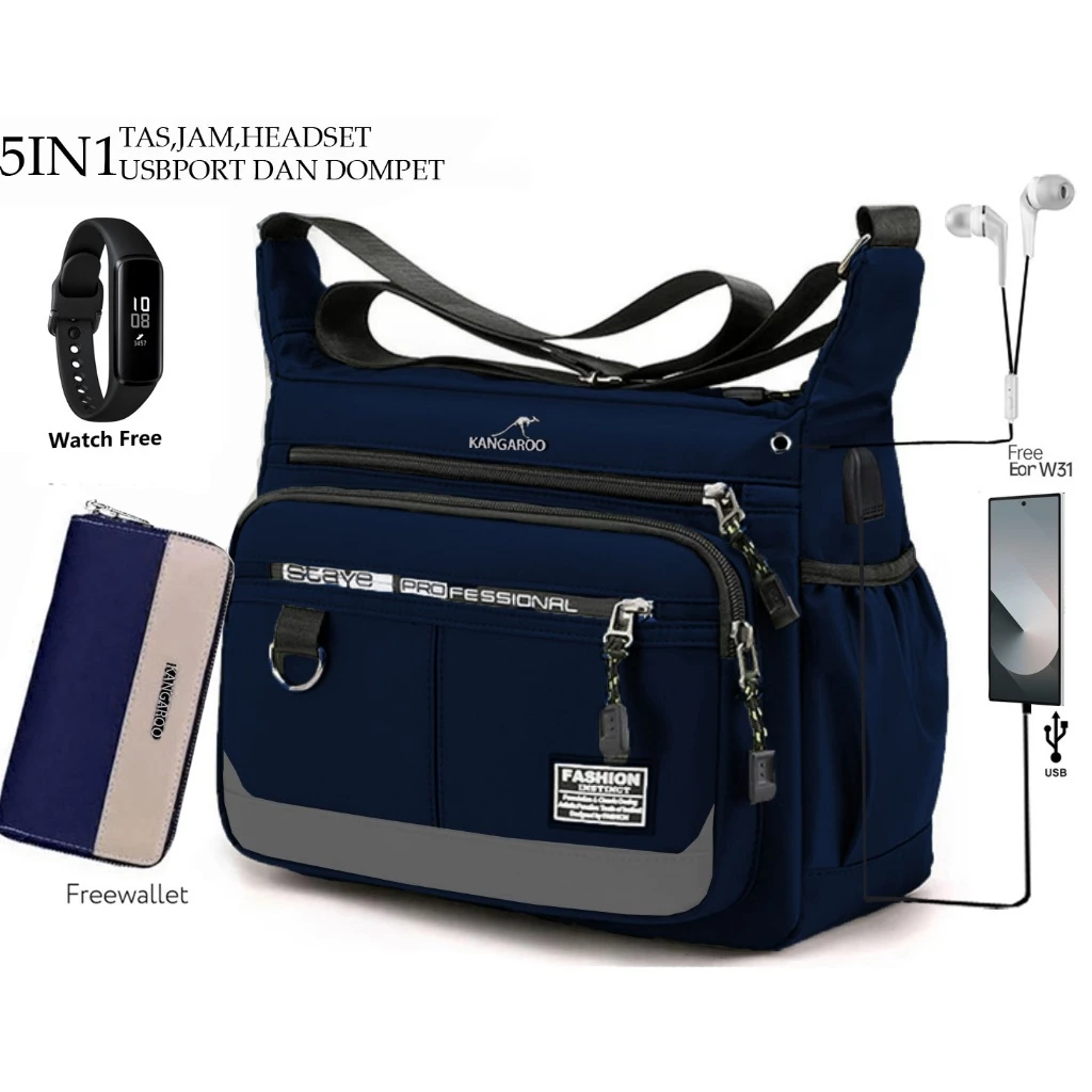 Kangaroo 5in1 tas waterproof bag usbport free jam tangan headset dan dompet