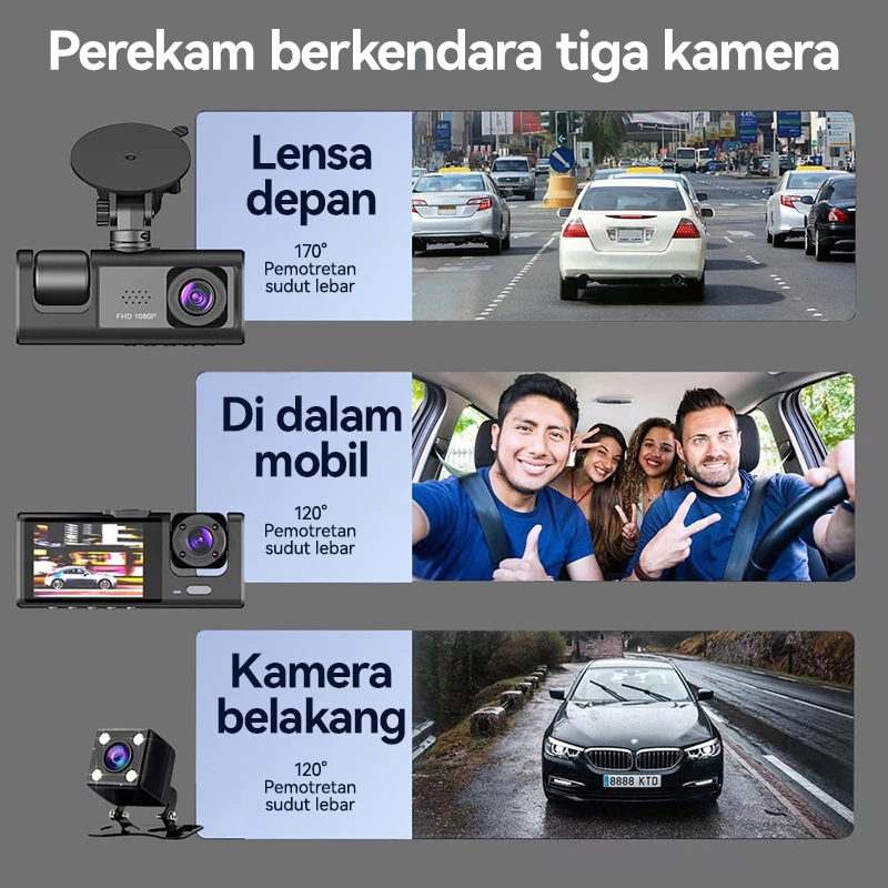 Dashcam 3 Lensa (Garansi 5 Tahun)!  64G HD 1080P WiFi