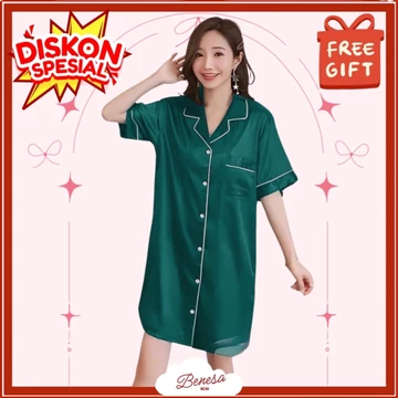 Benesa Wear Piyama Daster Basic Satin Baju Tidur Premium Wanita Set Setelan Pakaian Lucu Motif
