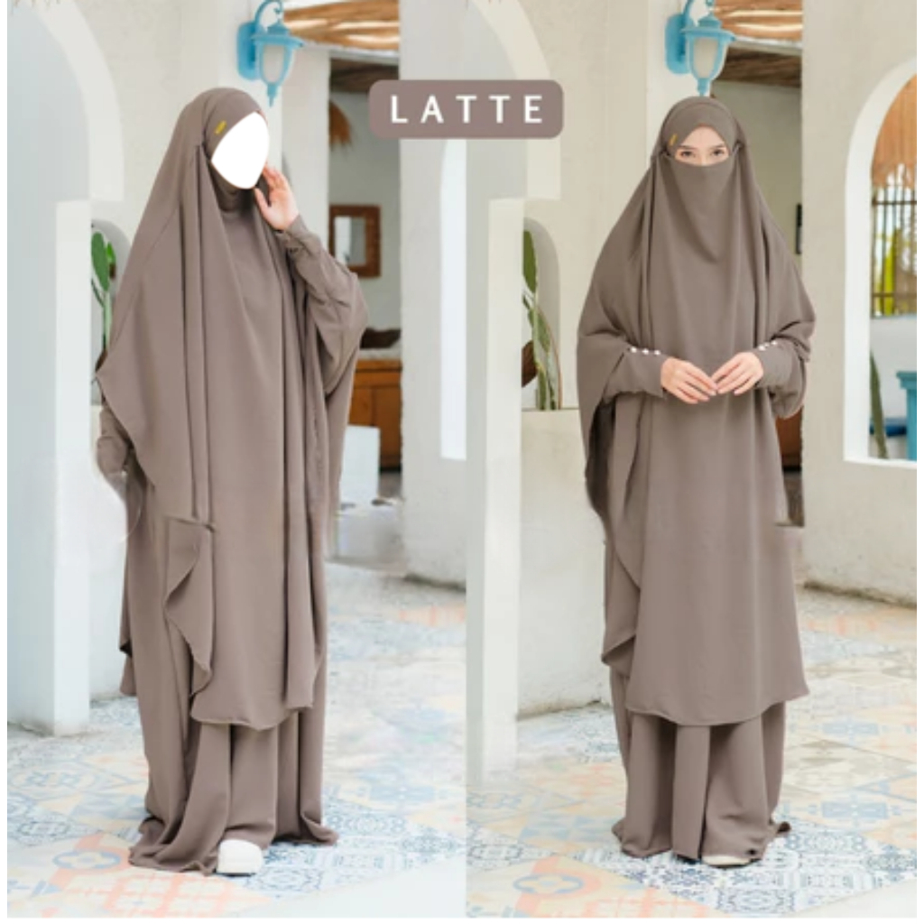 Jual French Set Gamis Khimar Latte –Anti Kusut & UV, Lengan Kancing ...