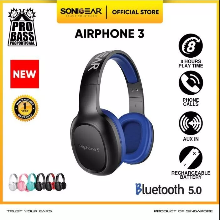 Headphone Bluetooth SonicGear Airphone 3 Headset Bluetooth 5.0 Build In Microphone - Garansi Resmi 1 Tahun