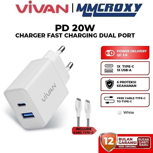 Jual Vivan Power C21 Adapter Charger Dual Port USB-A USB-C PD Fast ...