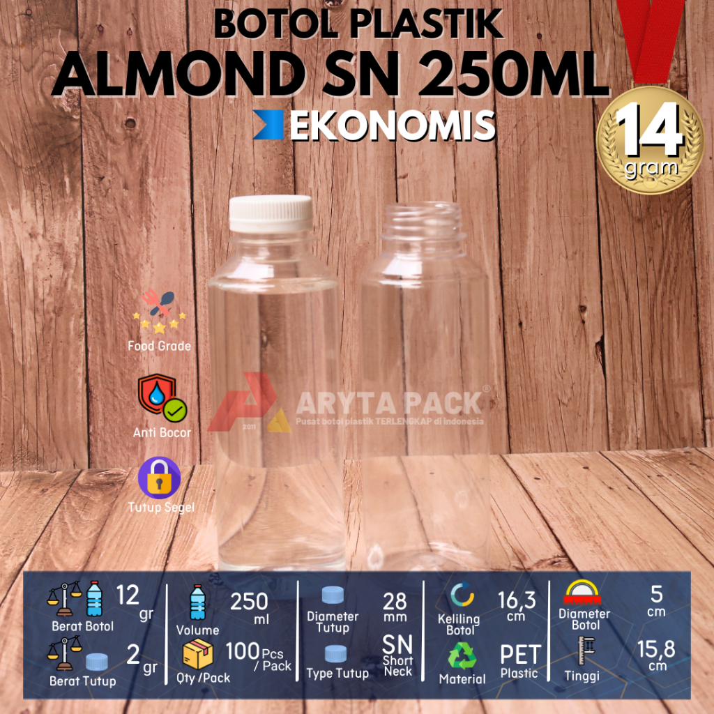 Jual Botol plastik PET 250ml almond bulat ekonomis minuman mineral jus ...