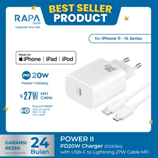 RAPAtech Power II Charger for iPhone 11 12 13 14 15 (PD 20W) MFi Kabel C to Lightning DC6064 Charger Mfi Charger iPhone Fast Charging Adaptor Cable