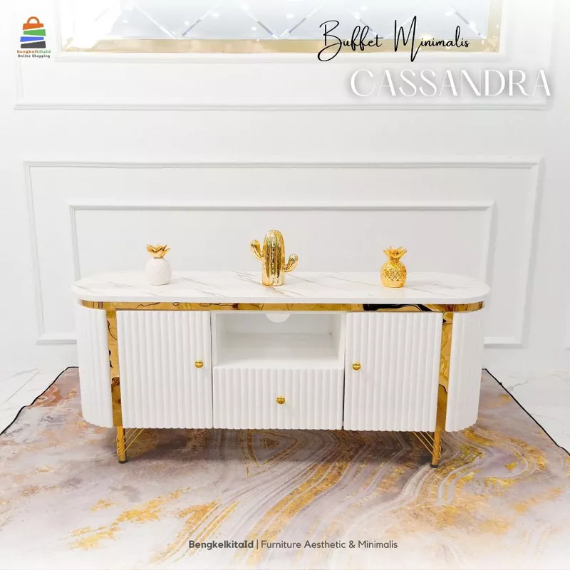 Meja TV Aesthetic Meja Buffet TV Kayu Solid - MEJA CASSANDRA - 160cm Cat Duco Glossy Mewah