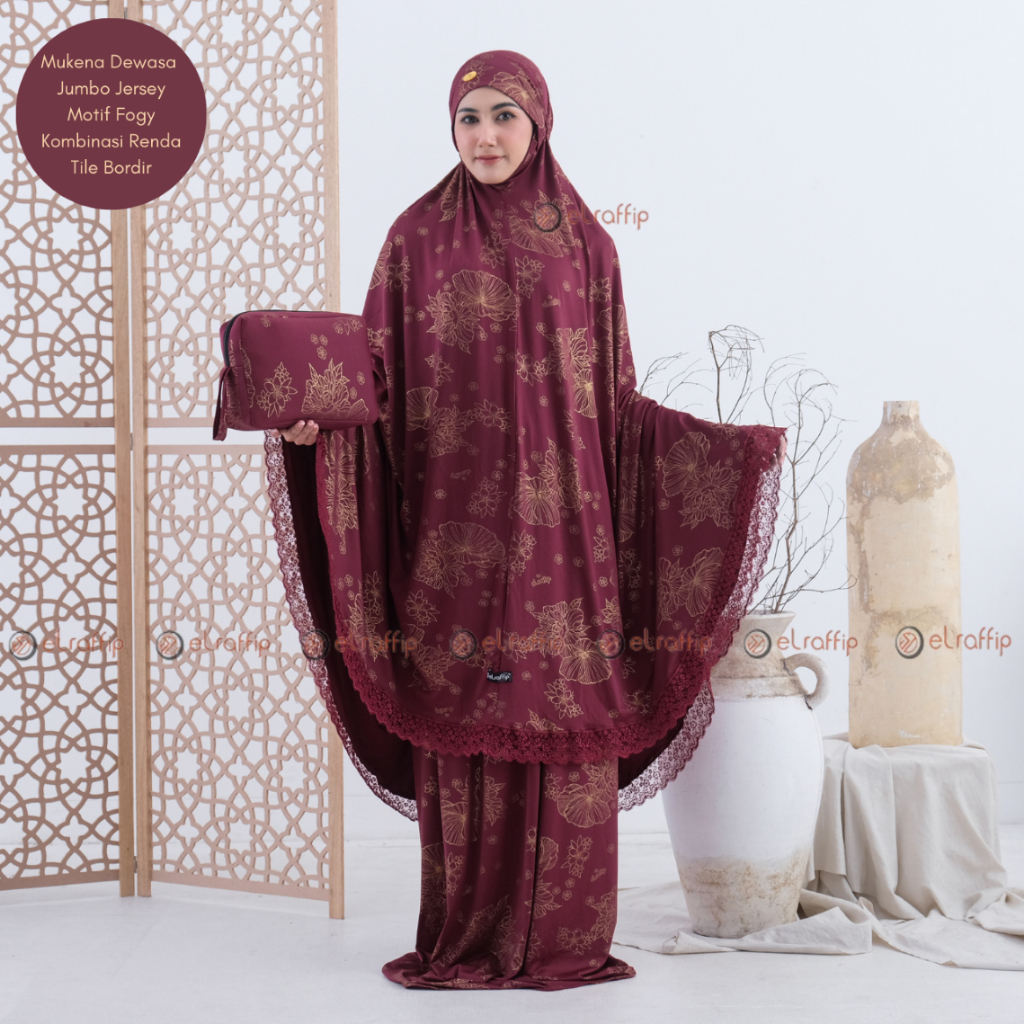 ELRAFFIP-Mukena Dewasa Jersey Stretch Fogy Gold Wanita Muslim Kombinasi Renda