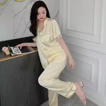Baju Tidur Piyama Sutra Satin Korean Style Baju Tidur Wanita Setelan Lengan Pendek Celana