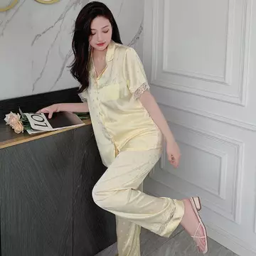 Baju Tidur Piyama Wanita Sutra Sintetis Baju Tidur Wanita Setelan Lengan Pendek Celana Panjang