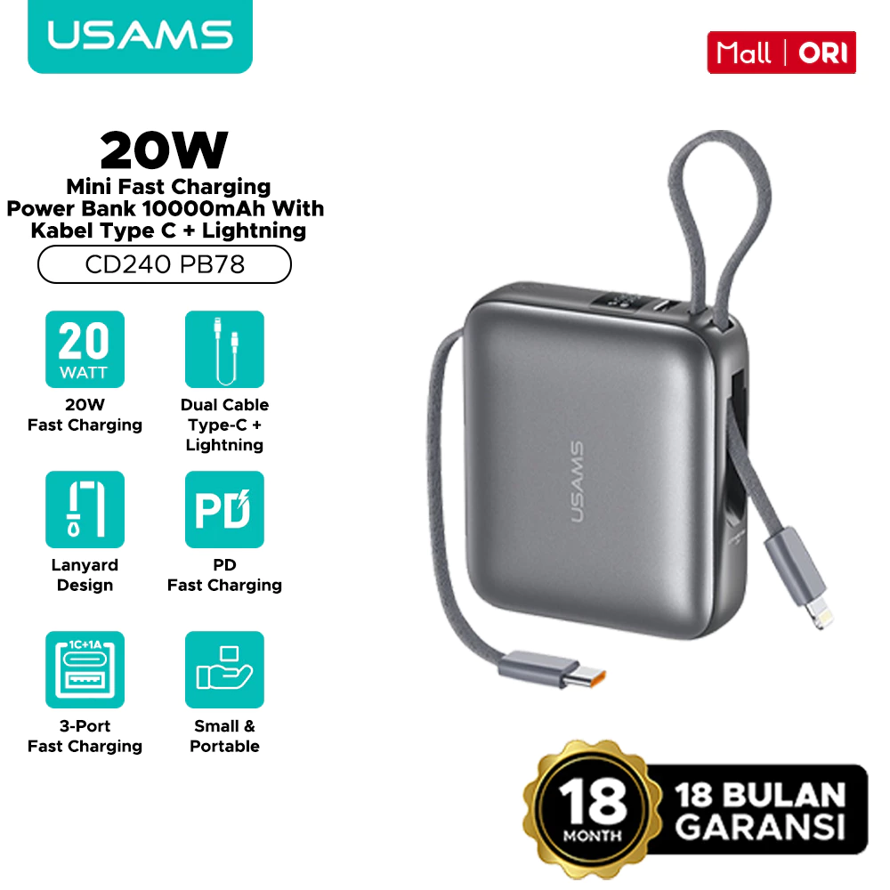 USAMS PB78 Powerbank Mini Fast Charging 10000mAh 20W With Kabel Type C Lightning CD240