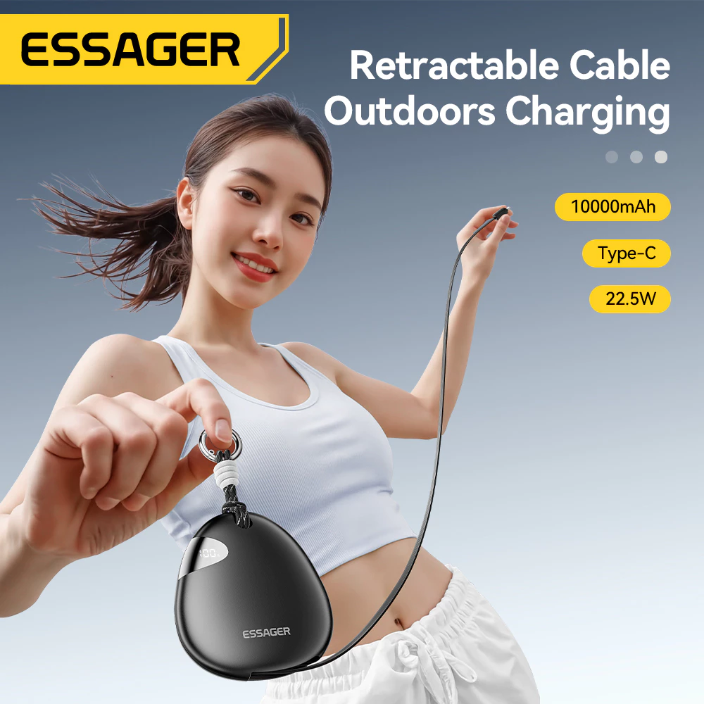 Essager Power Bank 10000mAh 22.5W Fast Charging dengan Kabel Retractable & Layar LED