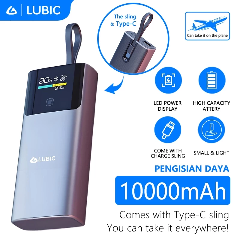 LUBIC PowerBank PD20W Fast Charging Display output and input power Built-in Cable 10000mAh