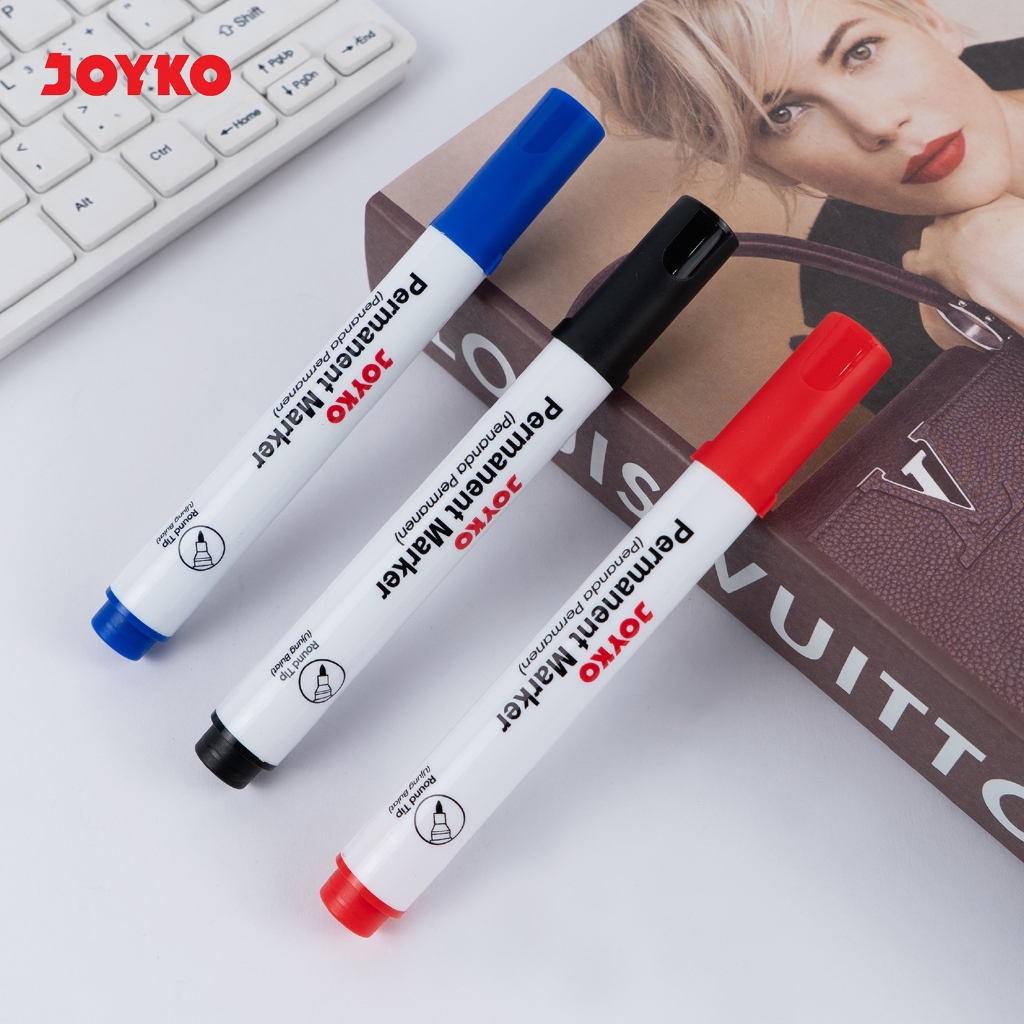 Jual JOYKO PERMANENT MARKER ROUND TIP BLACK BLUE RED / SPIDOL PERMANEN ...