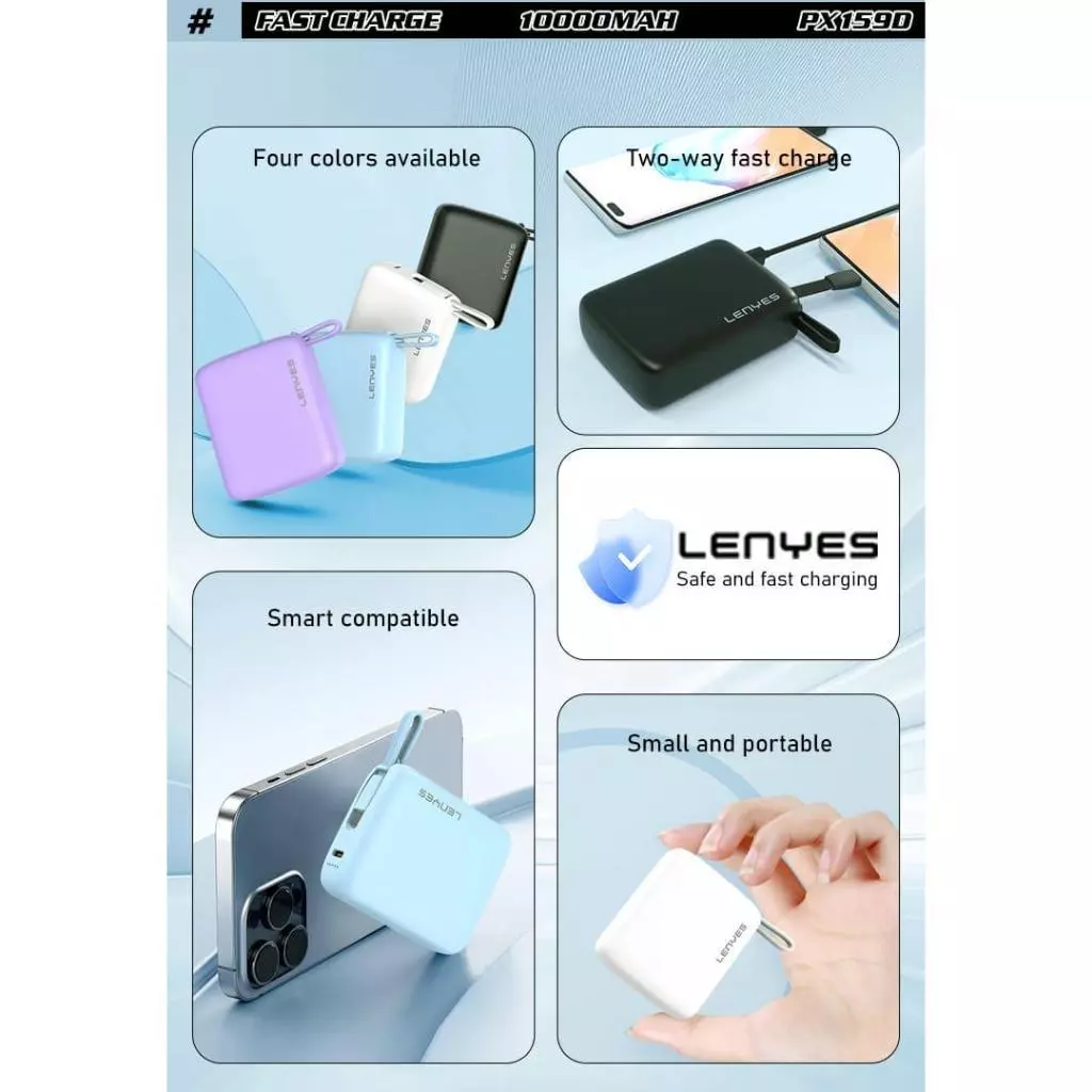 LENYES PX159D Super Mini Powerbank 10000mAh Fast Charging 22.5W Built In Cable Type C Output Power Bank