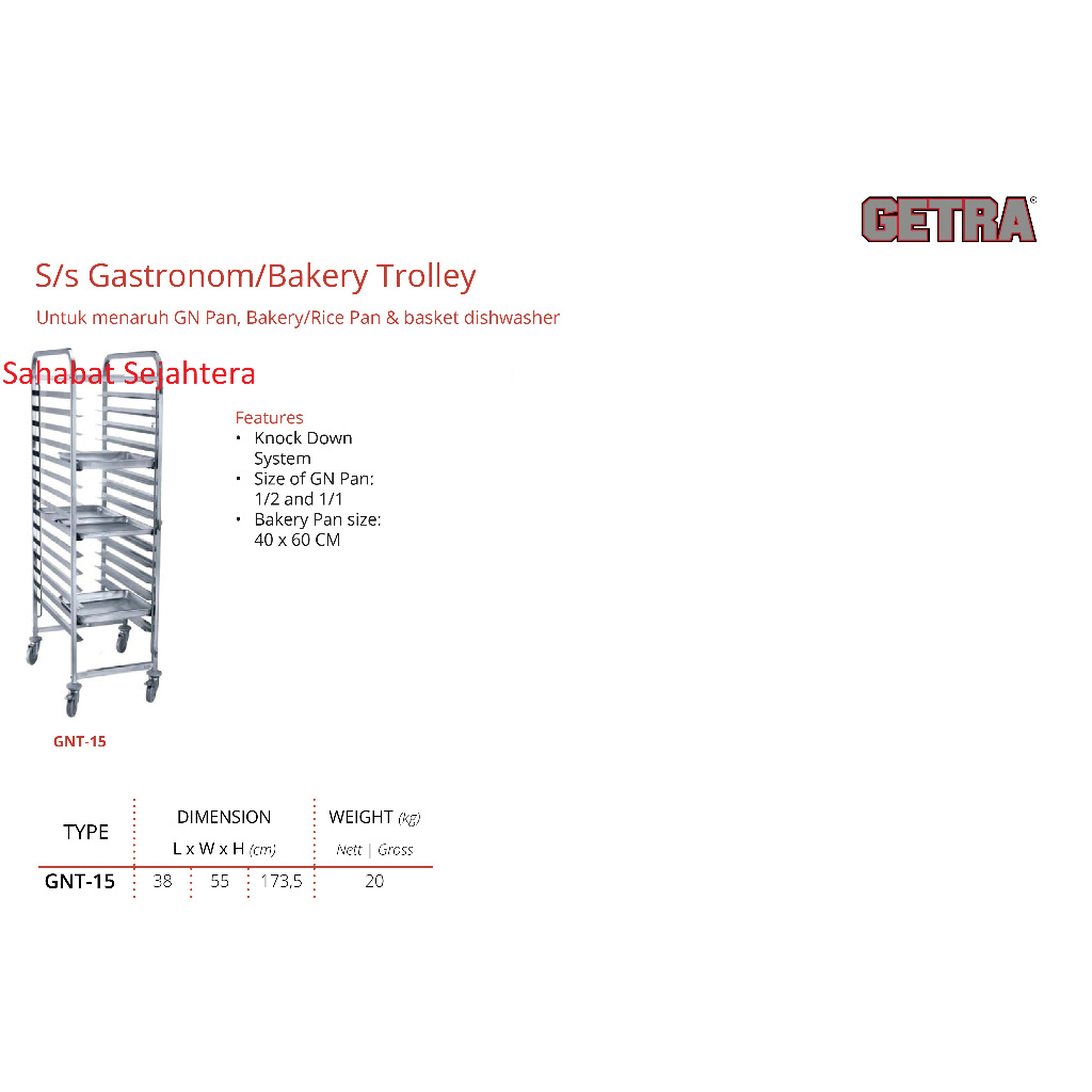 Jual GETRA Trolley GN Pan & Bakery GNT-15 | GN Rack Trolley Stainless ...