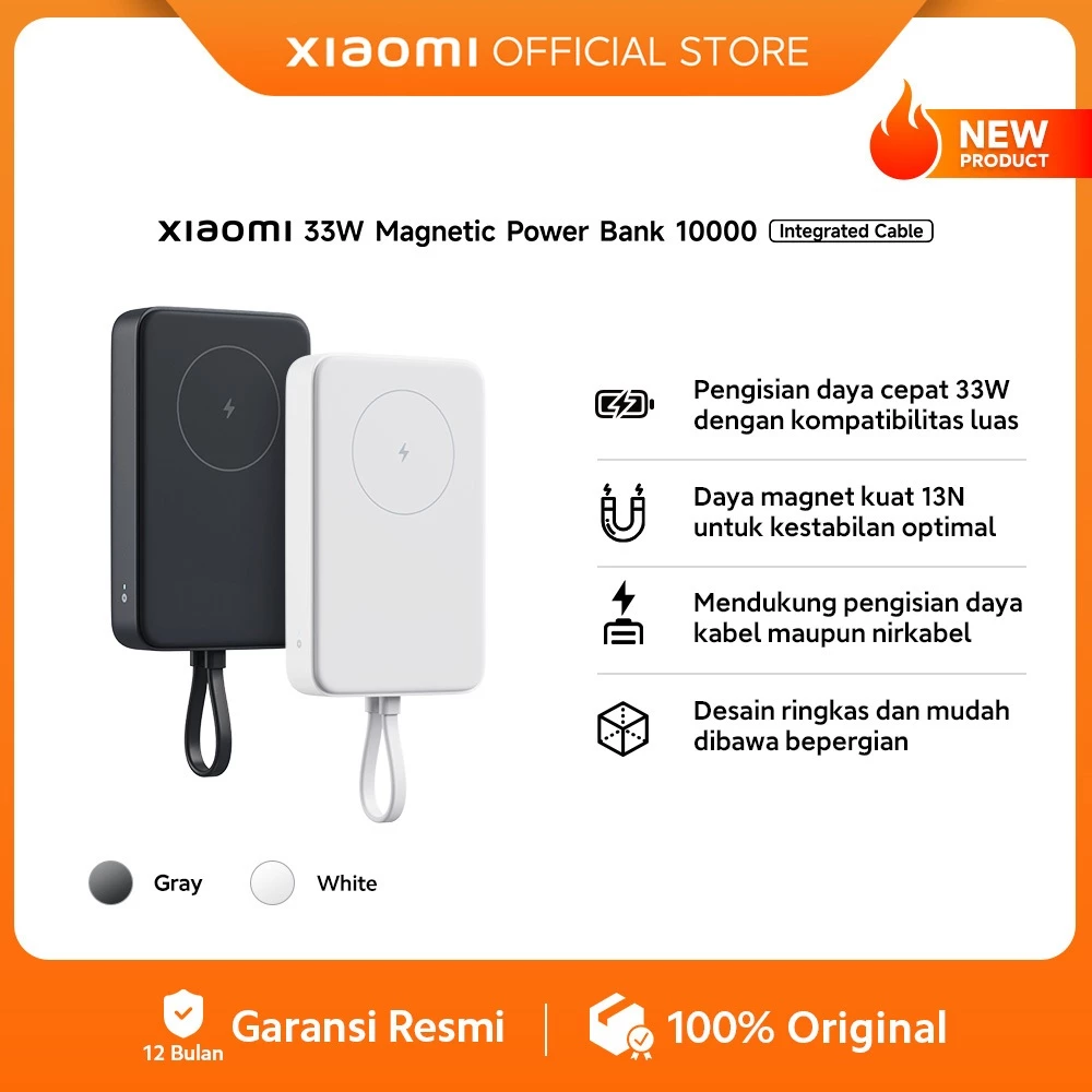 Xiaomi 33W Magnetic Power Bank 10000mAh (Integrated Cable) | Pengisian Daya Cepat 33W Dengan Kompatibilitas Luas