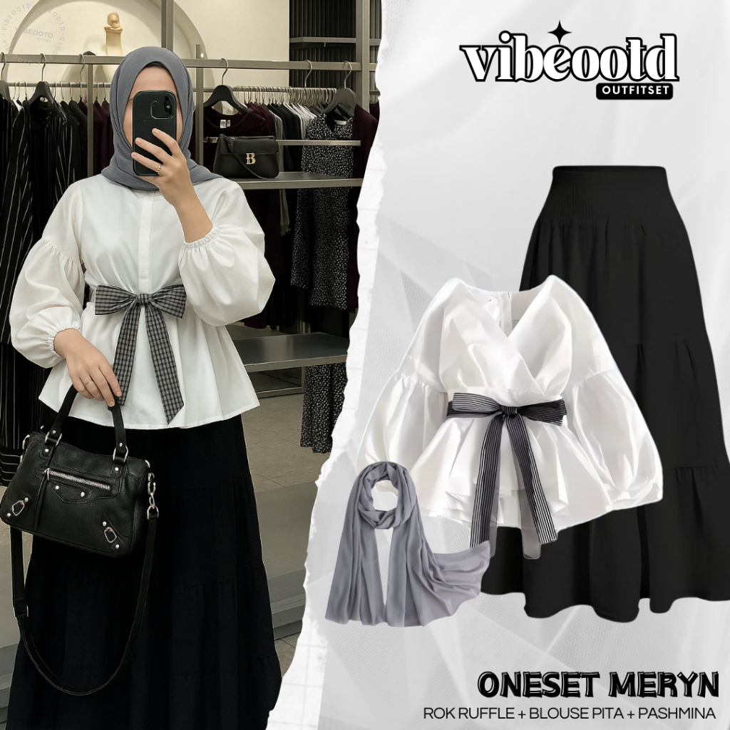 Jual Meryn Outfit Set Wanita Hijab ( Rok Ruffle Hitam Panjang + Blouse ...