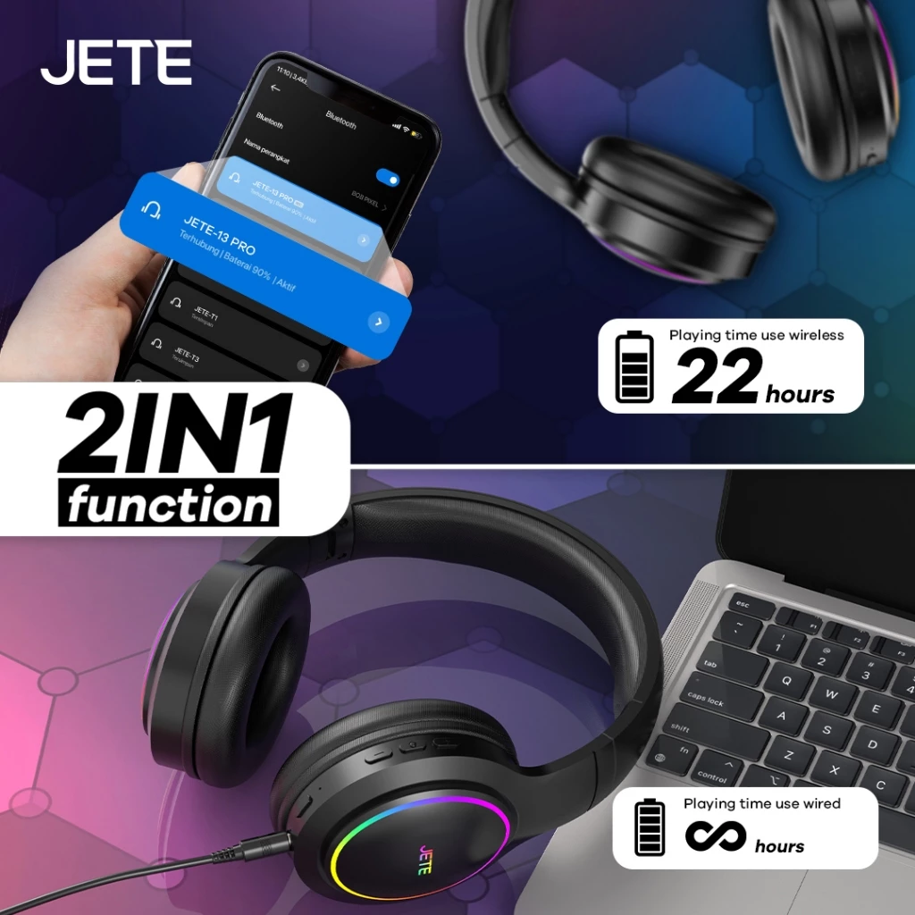 Headphone Bluetooth JETE 13 with RGB Lightning - Garansi 2 Tahun