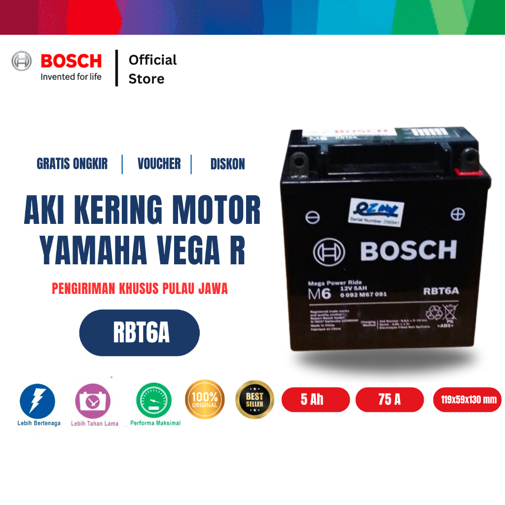 Bosch Aki Kering Motor Yamaha Vega R 2001-2008 - Maintenance Free - RBT6A