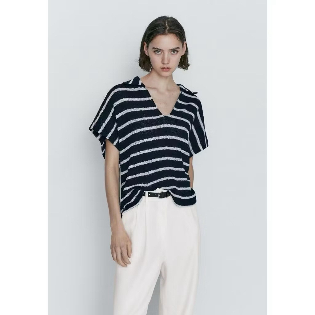 Jual Blouse Knit Z*raa V Striped Tangan Pendek | Shopee Indonesia