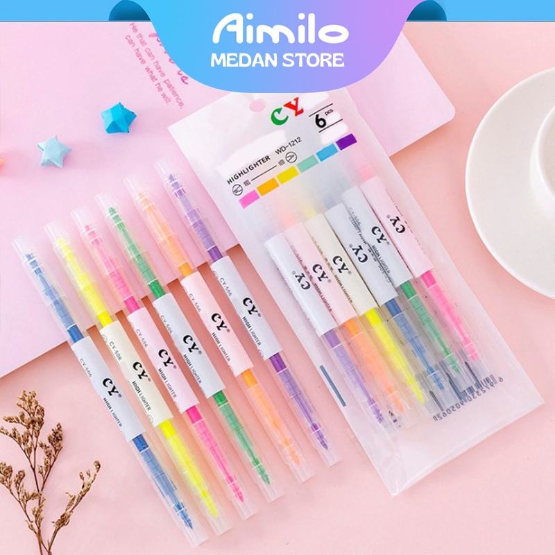 Jual [COD] Aimilo Stabilo Pastel 1 Set Highlighter 2 Sisi 6 PCS ...