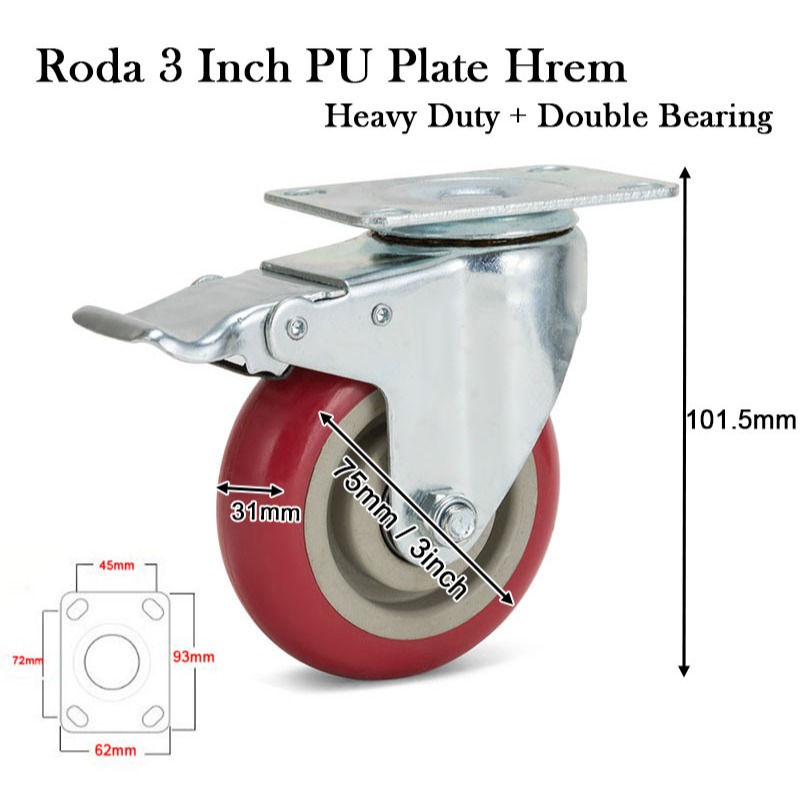 Jual Roda 3 inch PU (WO/MATI/HIDUP/REM/Screw)Heavy Duty+Double Bearing ...