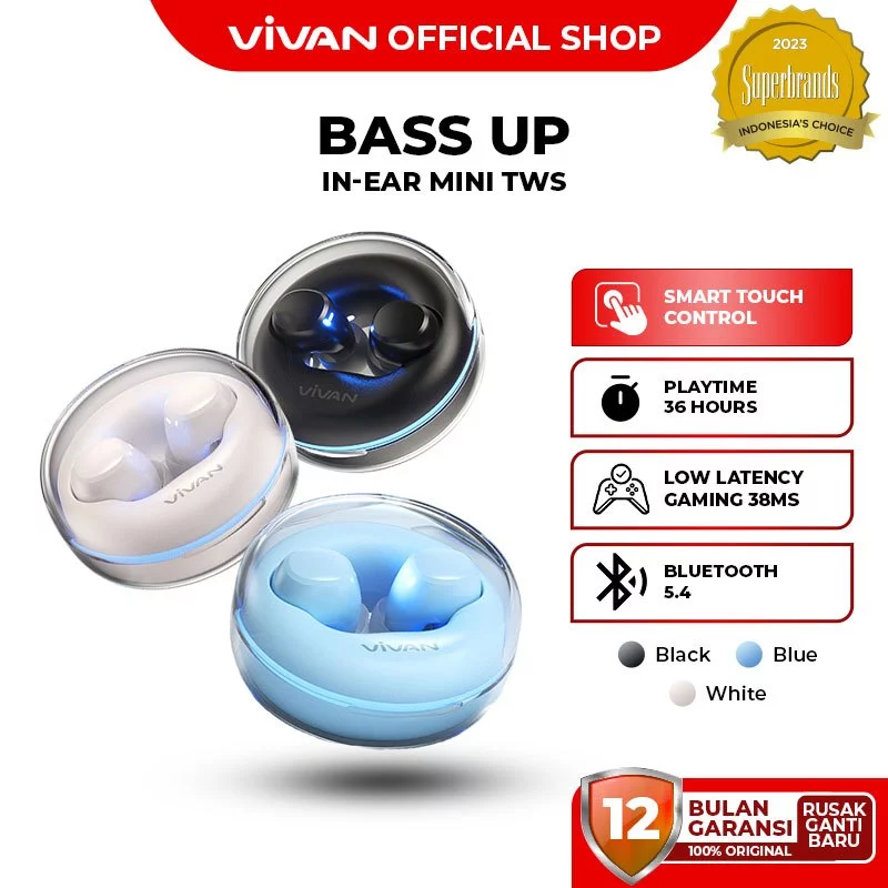 VIVAN Space Mini TWS Bass Up Bluetooth 5.4 Low Latency 38MS Gaming TWS 36 Hours Playtime Garansi 1th