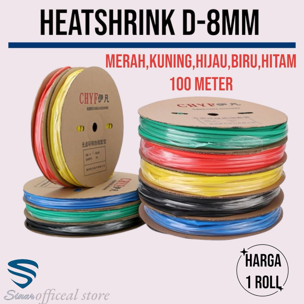 Jual Heatshrink D-8MM Merah, Kuning, Hijau, Biru, Hitam 100 Meter ...