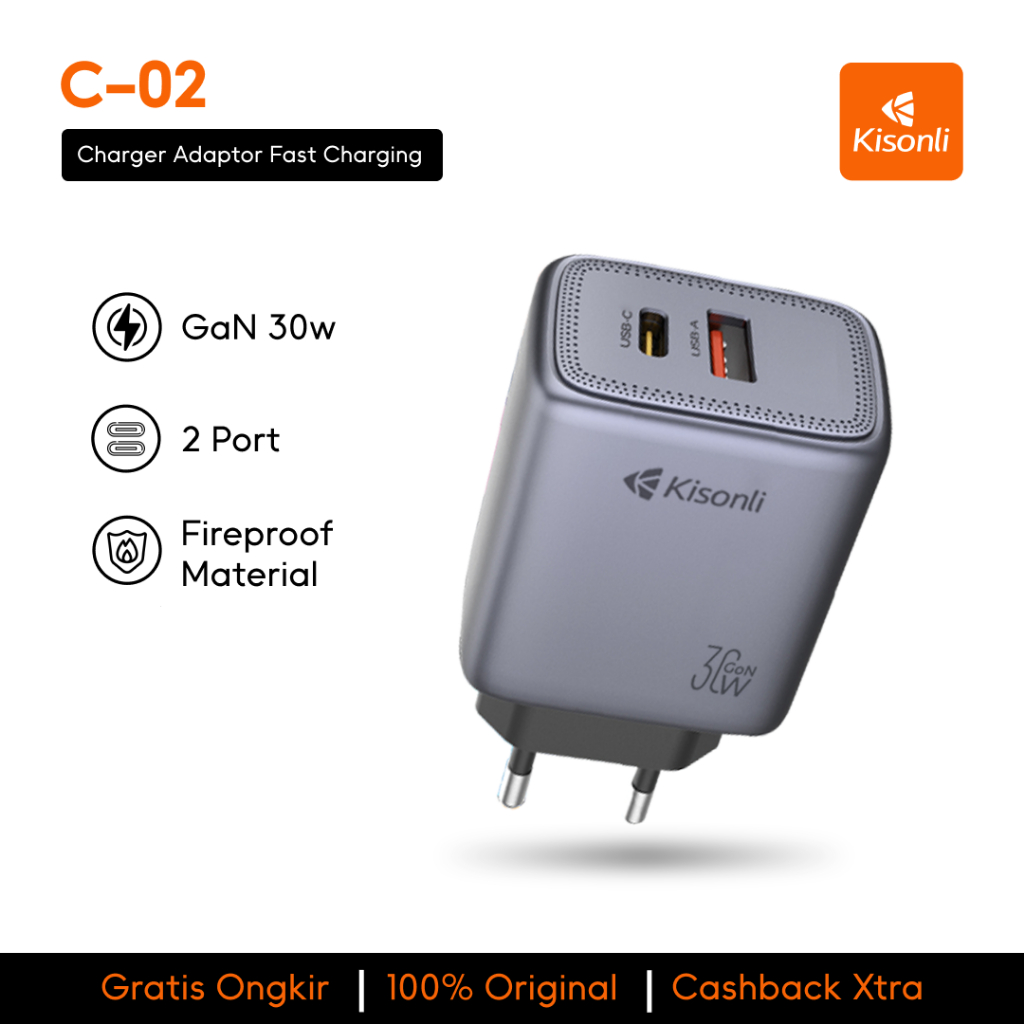 Jual KISONLI Kepala Adaptor Charger GaN 30W PD Fast Charging Dual Port ...