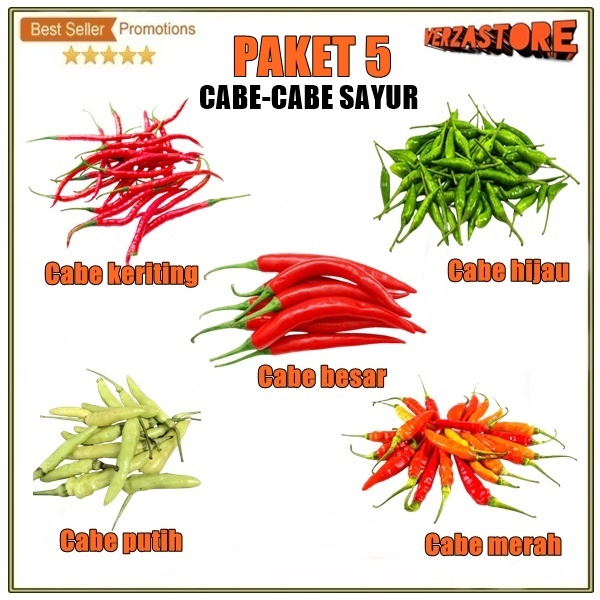 Benih Paket  Hemat 5 Macam Cabe Cabai Rawit Merah Hijau Putih Keriting Besar Bibit Tanaman Sayur Sayuran