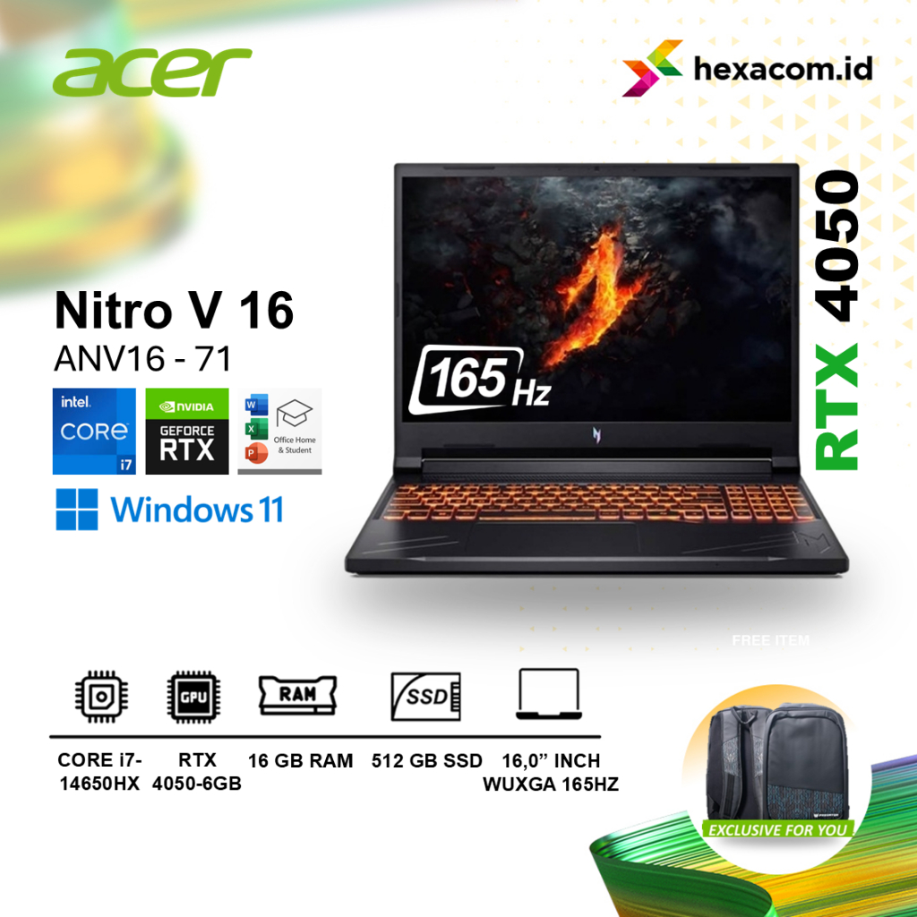 Jual Laptop Acer Nitro V16 RTX 4050 i7-14650HX 16GB 512GB SSD