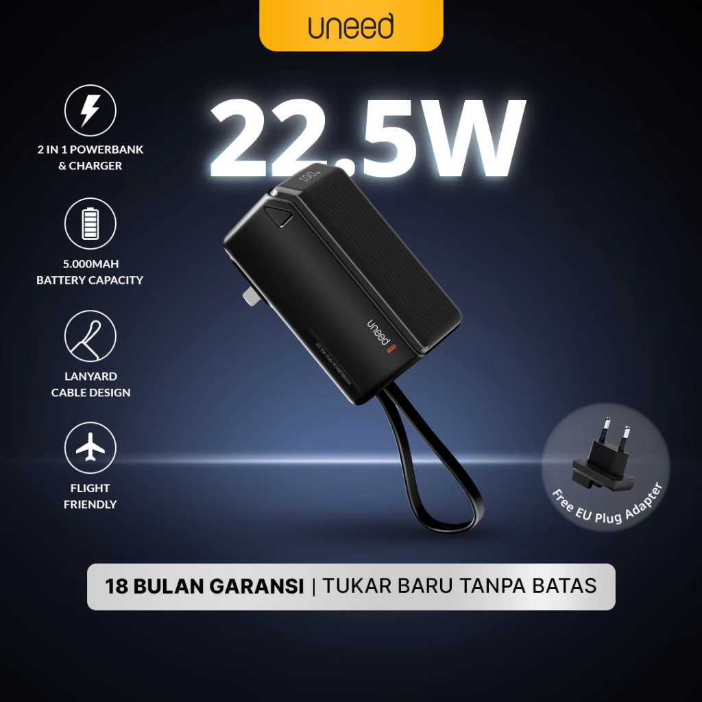 UNEED 2in1 Powerbank & Charger 22.5W 5000mAh QC PD PPS Fast Charging with Built in Type C Cable - UPB142.05