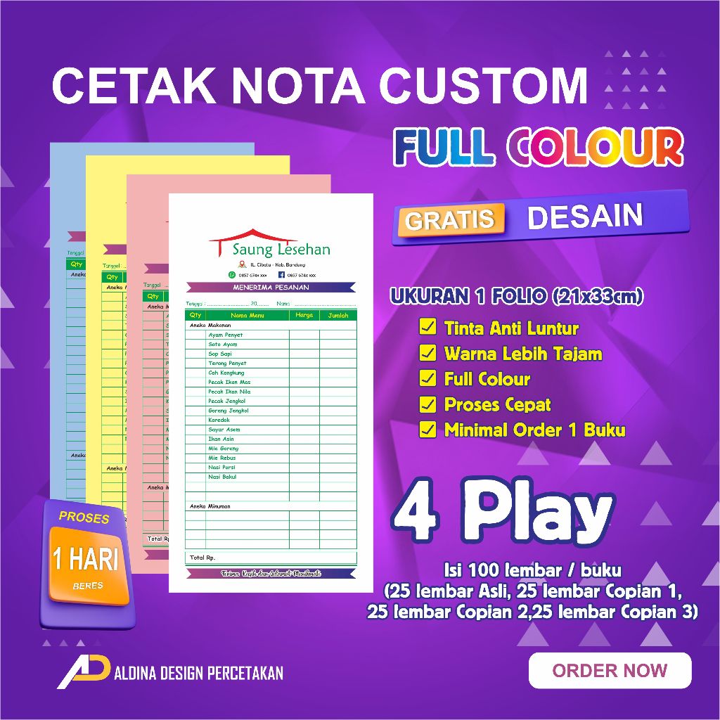 Jual Nota Custom Bisa Order 1 Buku, ukuran 1 Folio, full Colour, tinta ...