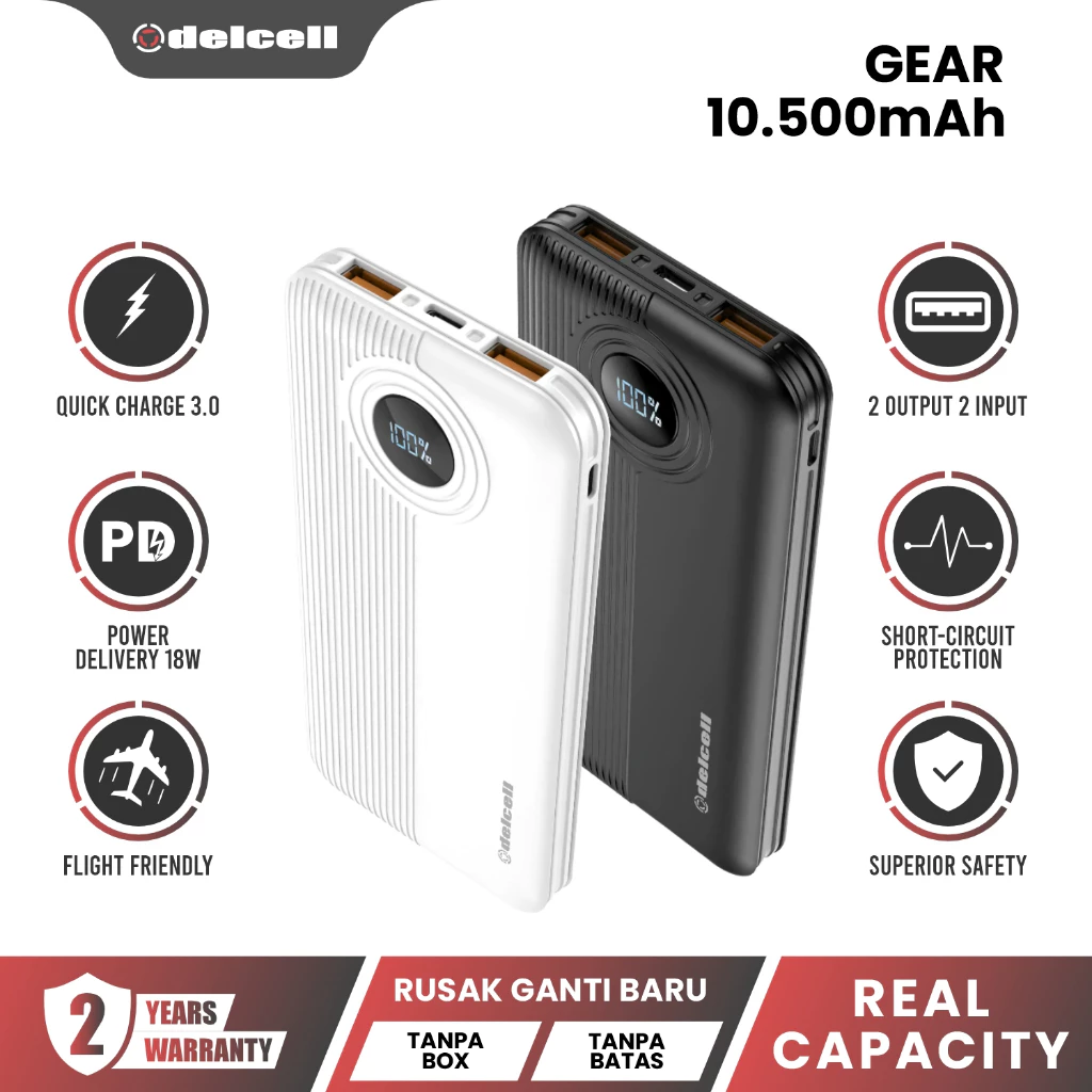 Delcell GEAR Power Bank 10500mAh 22.5W Digital Display QC 3.0+ PD Real Capacity 2 Tahun garansi