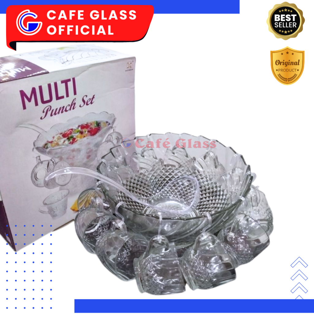 Punch Set Lebaran - Mangkok Es Set Gelas Kaca - Tempat Es Punch Bowl Kaca [peti]
