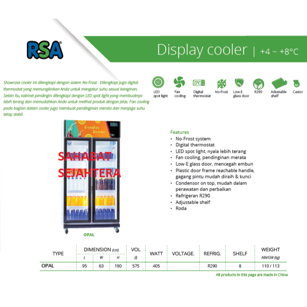 Jual RSA Showcase Cooler OPAL Kulkas Showcase 2 Pintu | Shopee Indonesia