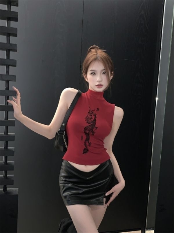 Jual ATASAN CROP TOP MERAH TANPA LENGAN MOTIF NAGA KAOS WANITA KEKINIAN ...