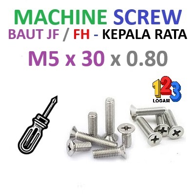 Jual M5x30 mm Baut JF FH Machine Screw Kepala Rata P0.80 Obeng ...