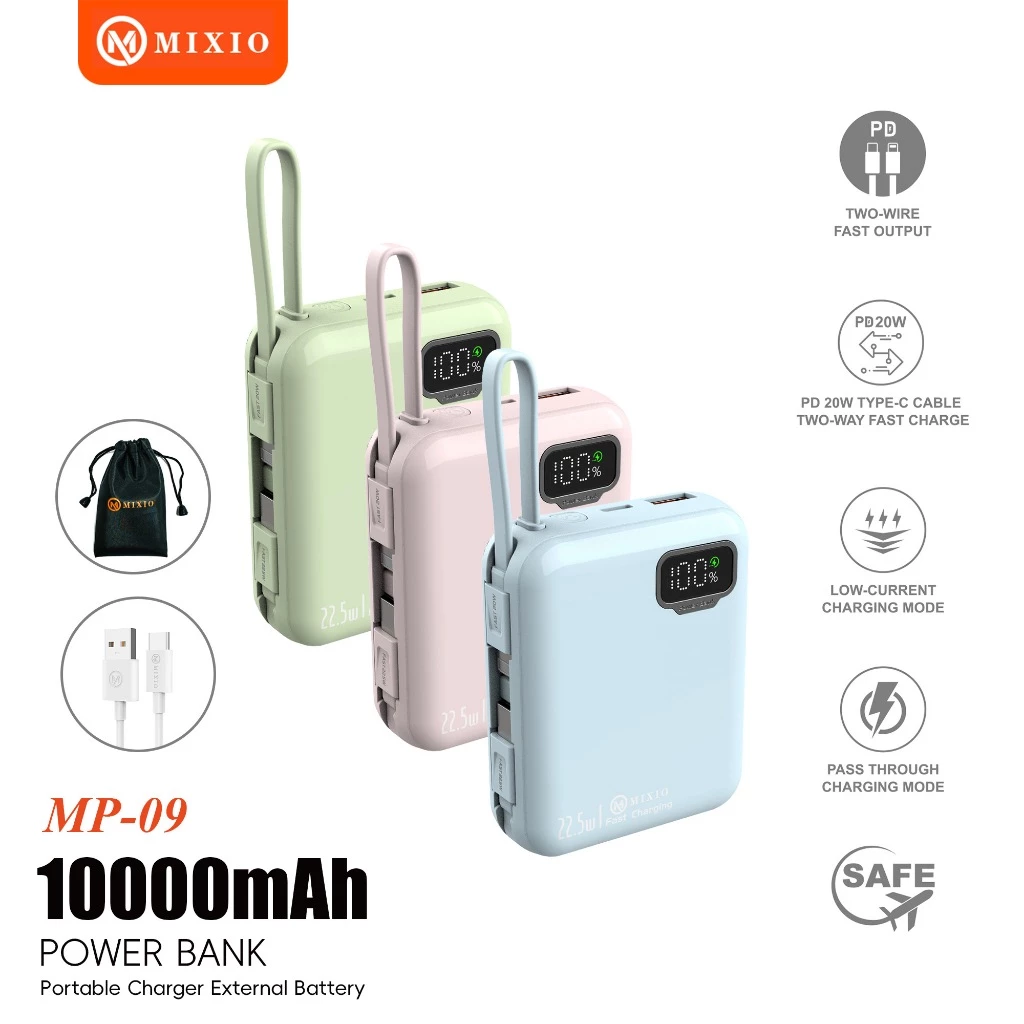 MIXIO MP-09 10000mAh Powerbank Mini 20W With Kabel Fast Charging Lightning & Type C For Iphone/Android