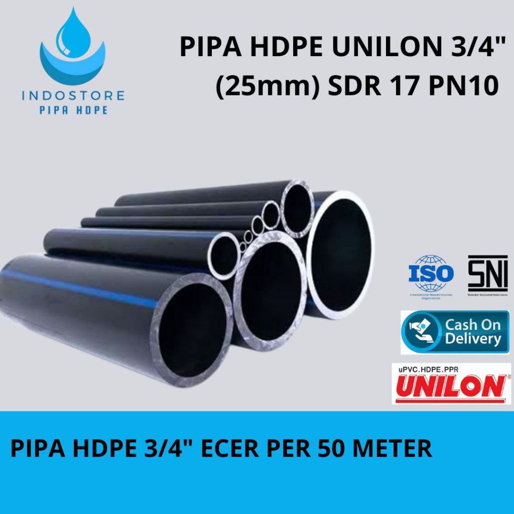 Jual PIPA AIR HDPE 3/4 INCH (25mm) PN10 UNILON ECER. PER 50 METER ...