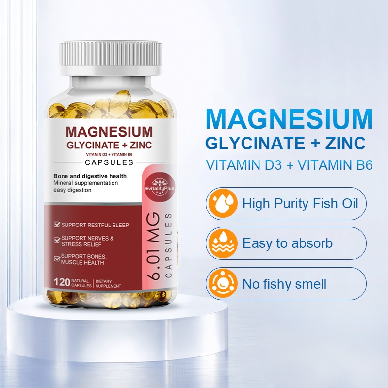 Magnesium glycinate capsules with zinc and vitamin D3 and B6 listed for daily supplement routines