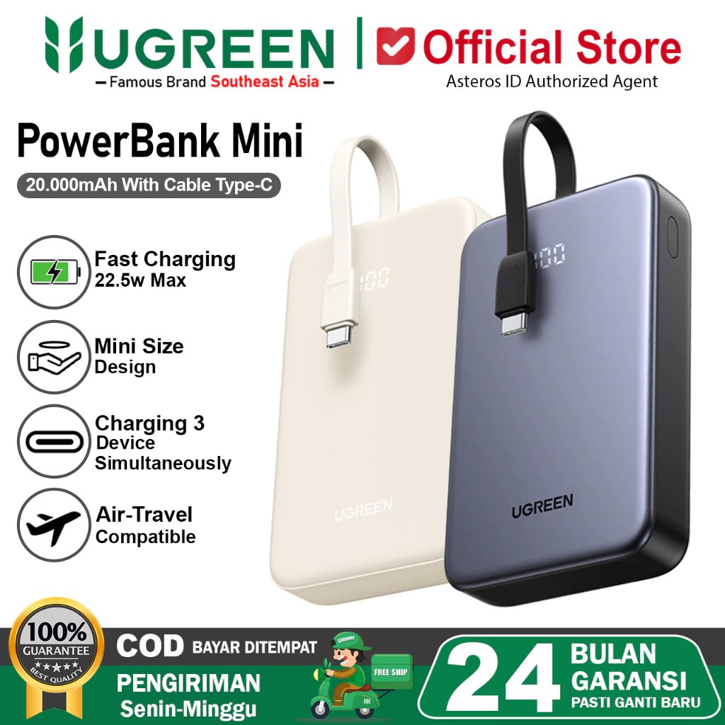 UGREEN Power Bank 20.000mAh PD QC 3.0 Fast Charging 22.5W LED Built in Cable Type C 35340