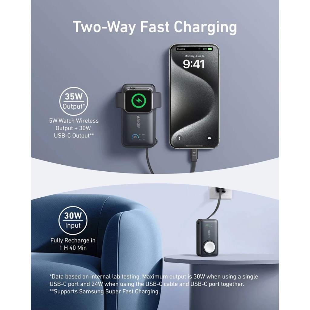 Anker MagGo Power Bank for Apple Watch 10,000 mAh Compact Battery Pack with Built-In USB-C Cable 35W Max